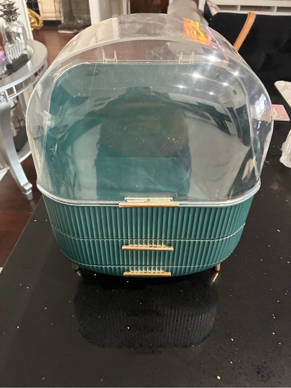 Teal Ribbed Cosmetic Organizer with Clear Dome
